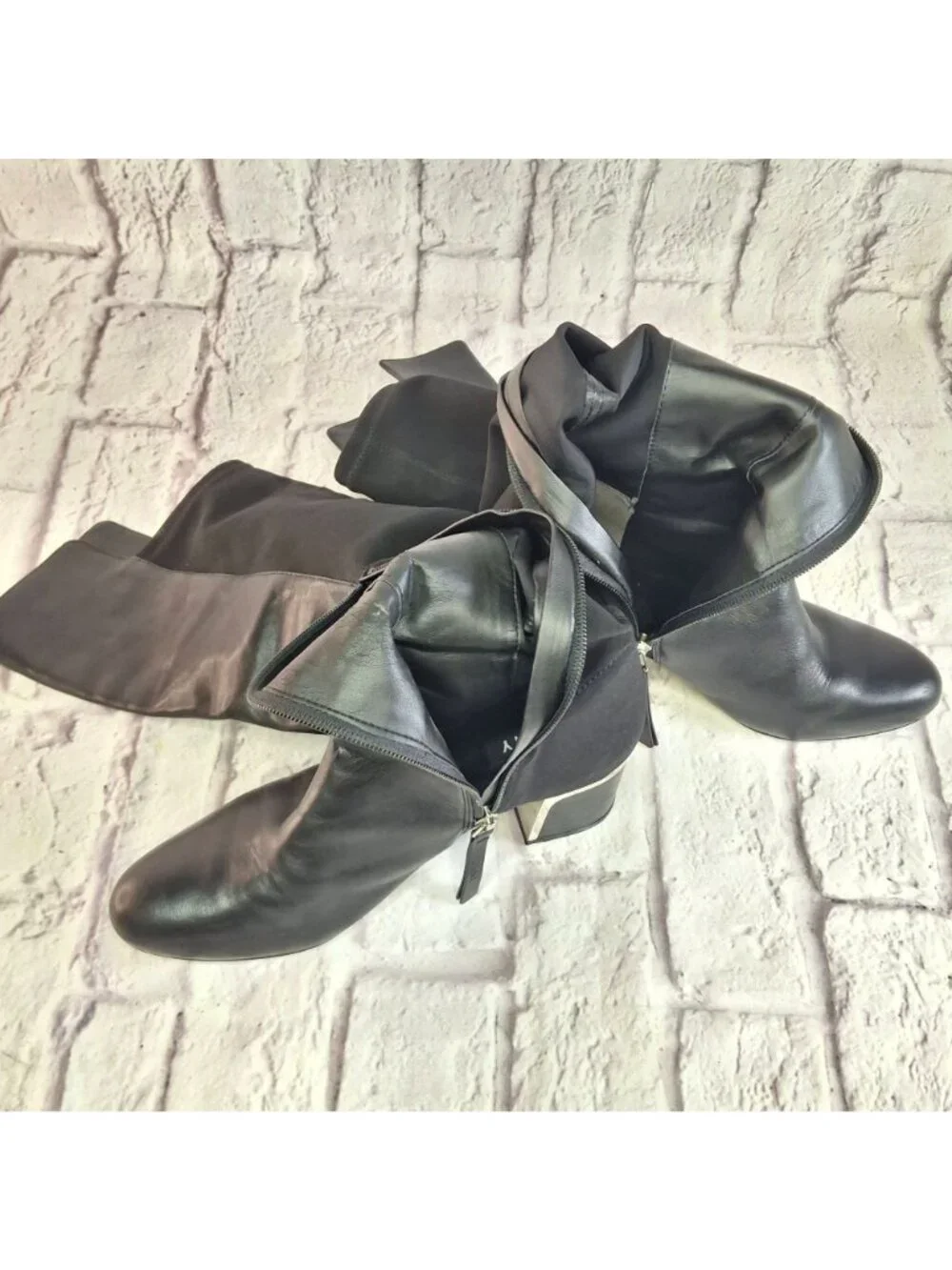 DKNY Over The Knee Boots Womens Size 7M Black Leather & Textile With Block Heel